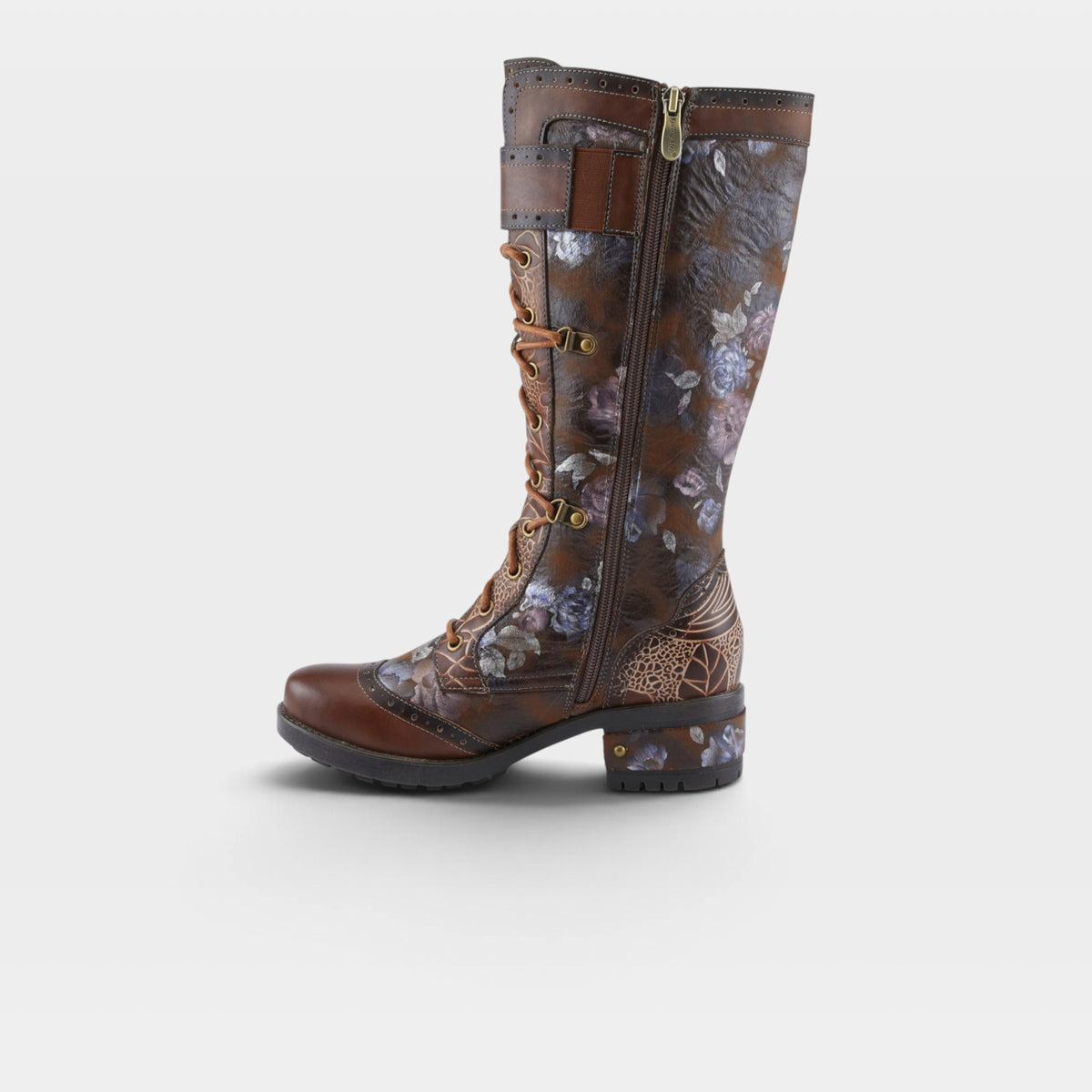 L'Artiste Kisha-Boss boots in Brown Multi, side view