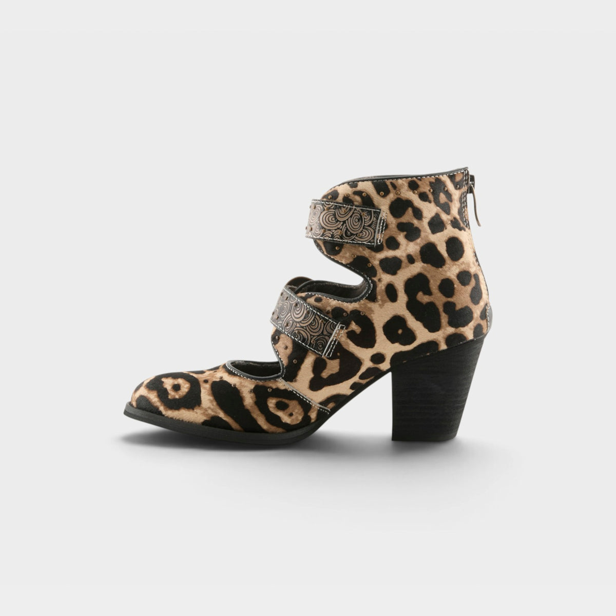 L'Artiste Notched-Leo boots in Black Multi, side view