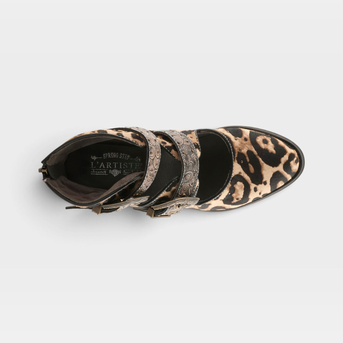 L'Artiste Notched-Leo boots in Black Multi, top view