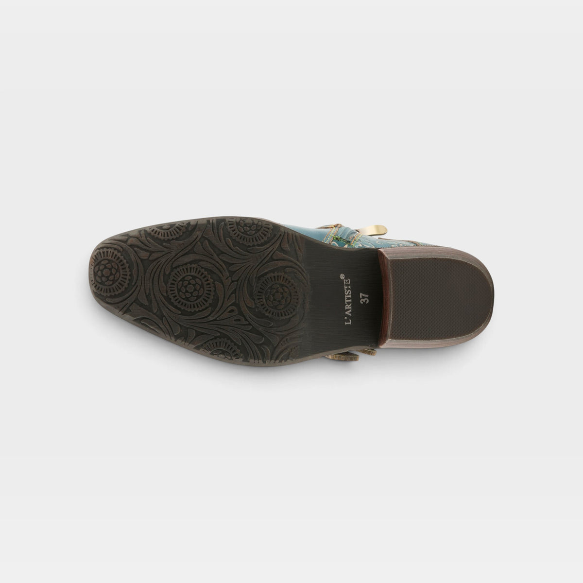 L'Artiste Rodeha boots in Teal, outsole view