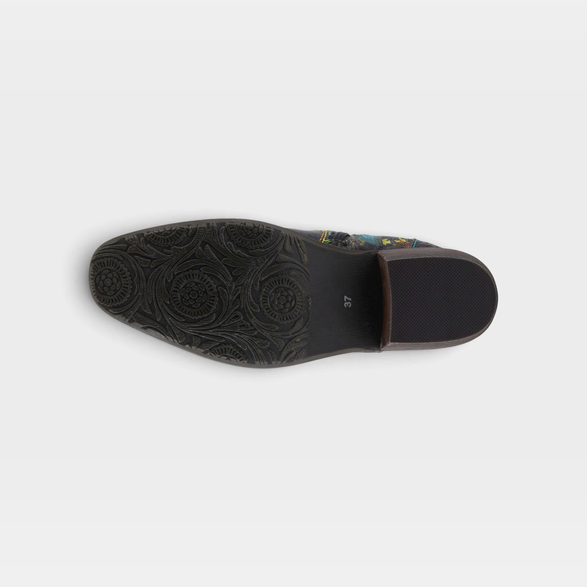 L'Artiste Rodeoqueen-Viv boots in Black Multi, outsole view