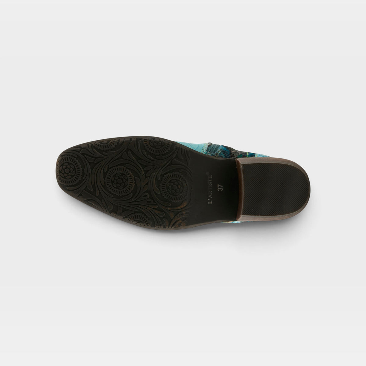 L'Artiste Rodeoqueen-Viv boots in Turquoise Multi, outsole view