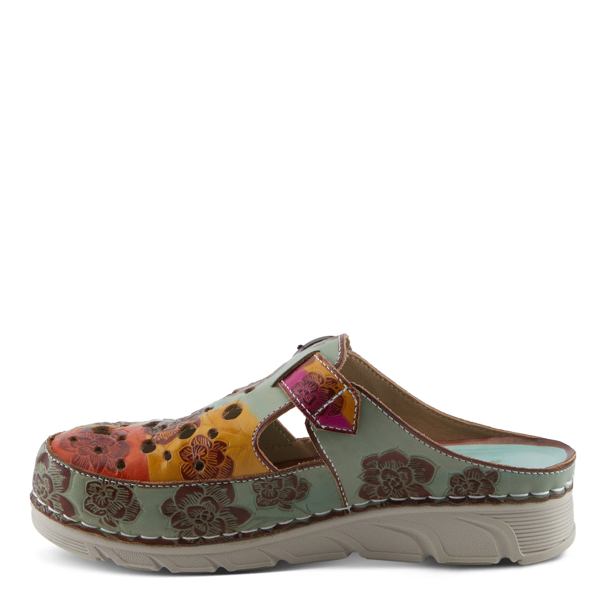 L'Artiste L'ARTISTE SEFTON CLOGS shoe in mint green multi with handcrafted leather design