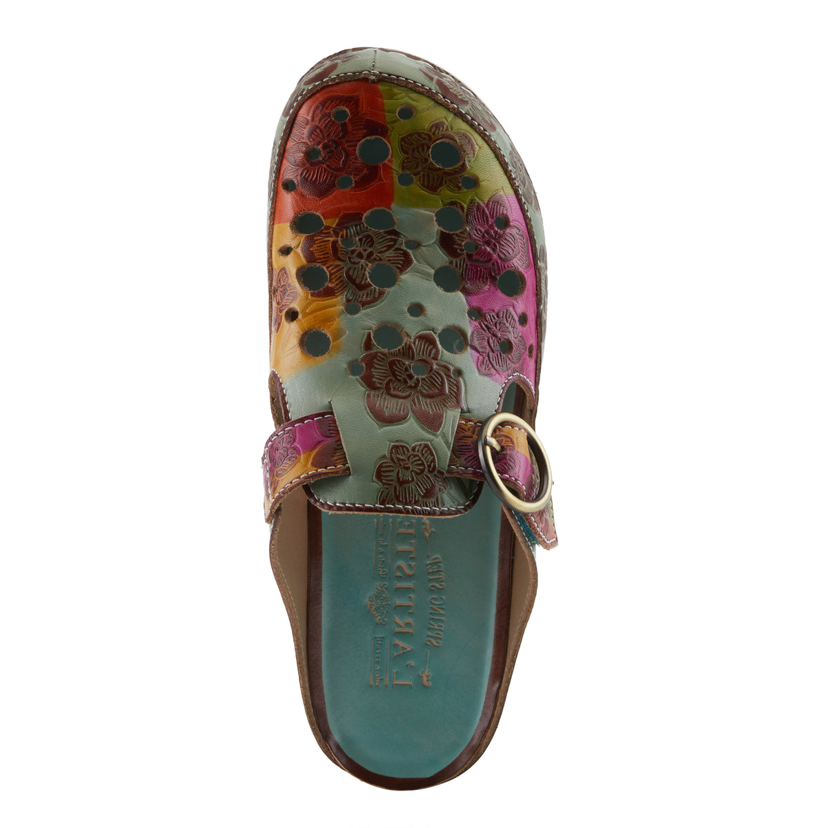 L'Artiste L'ARTISTE SEFTON CLOGS shoe in mint green multi with handcrafted leather design