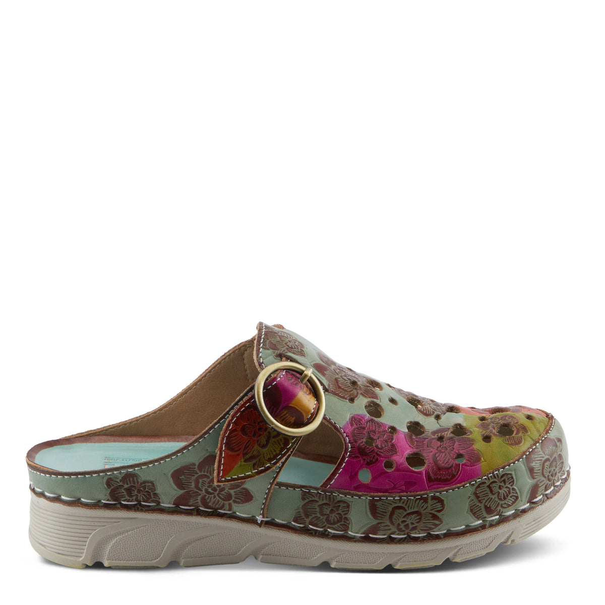 L'Artiste L'ARTISTE SEFTON CLOGS shoe in mint green multi with handcrafted leather design