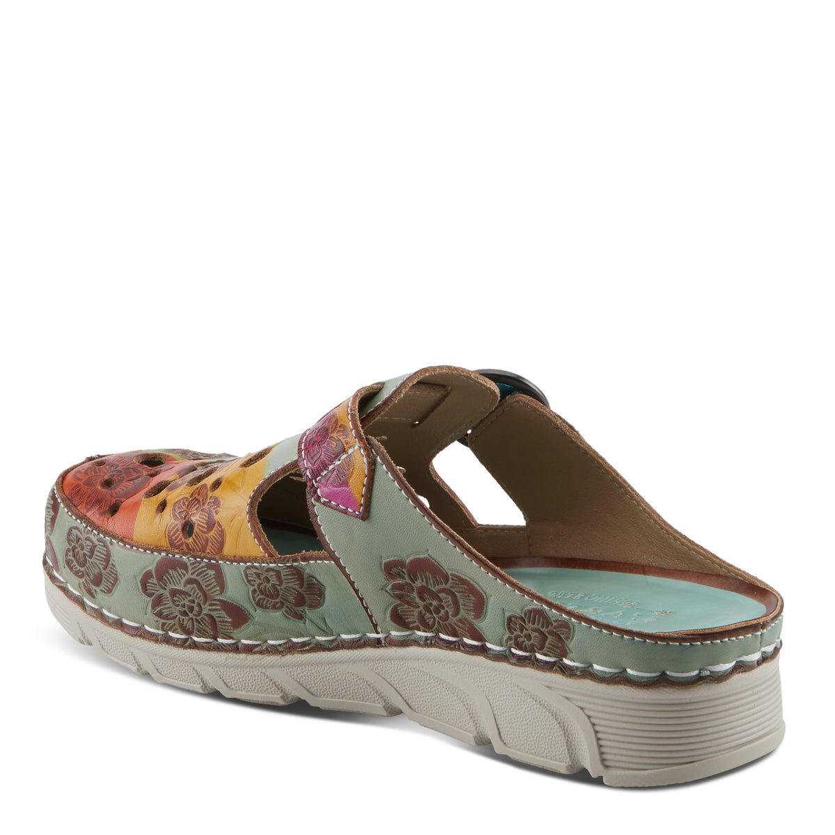 L'Artiste L'ARTISTE SEFTON CLOGS shoe in mint green multi with handcrafted leather design
