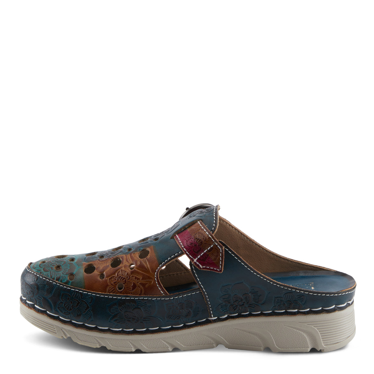 L'Artiste L'ARTISTE SEFTON CLOGS shoe in navy multi with handcrafted leather design