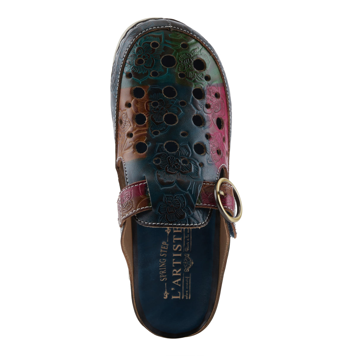 L'Artiste L'ARTISTE SEFTON CLOGS shoe in navy multi with handcrafted leather design