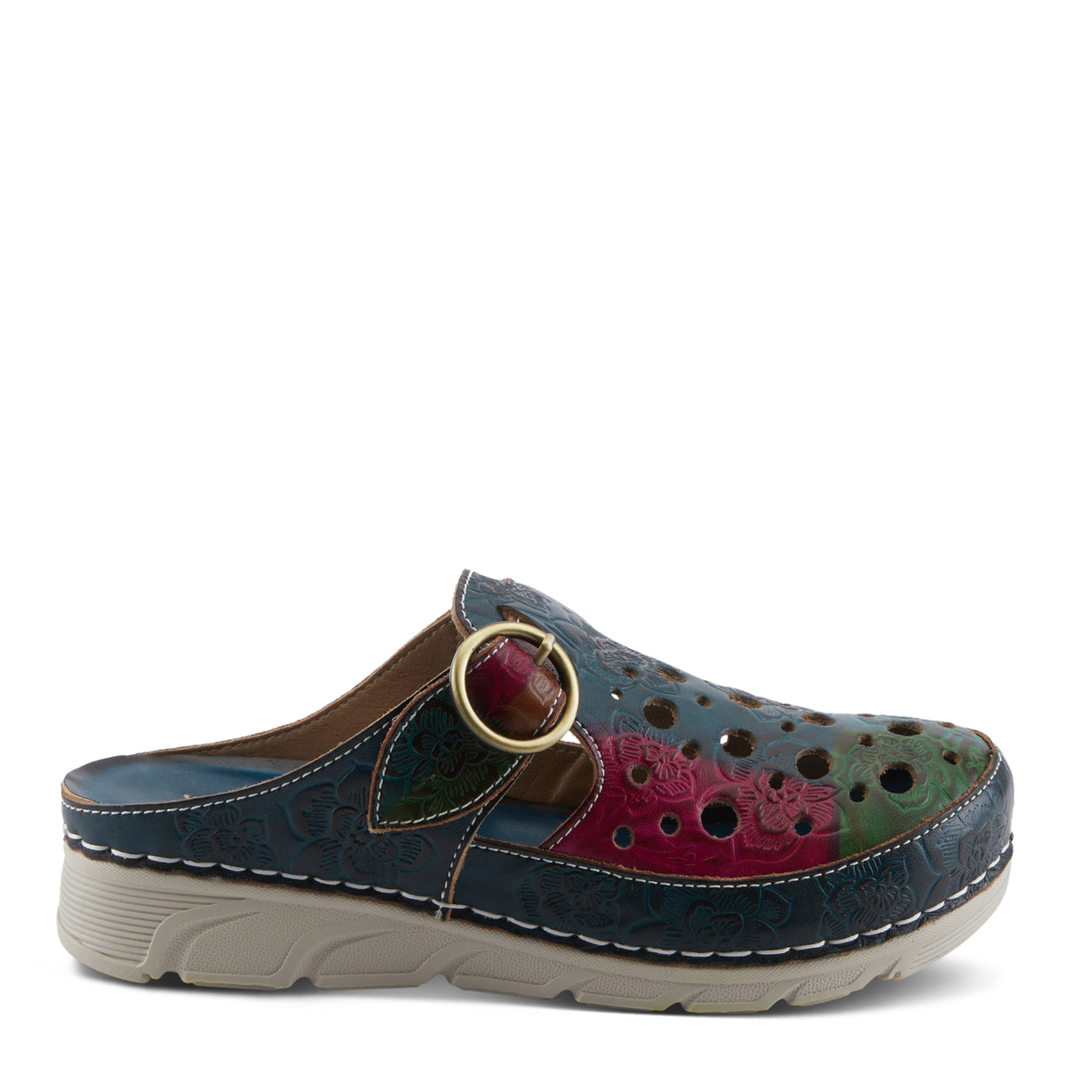 L'Artiste L'ARTISTE SEFTON CLOGS shoe in navy multi with handcrafted leather design