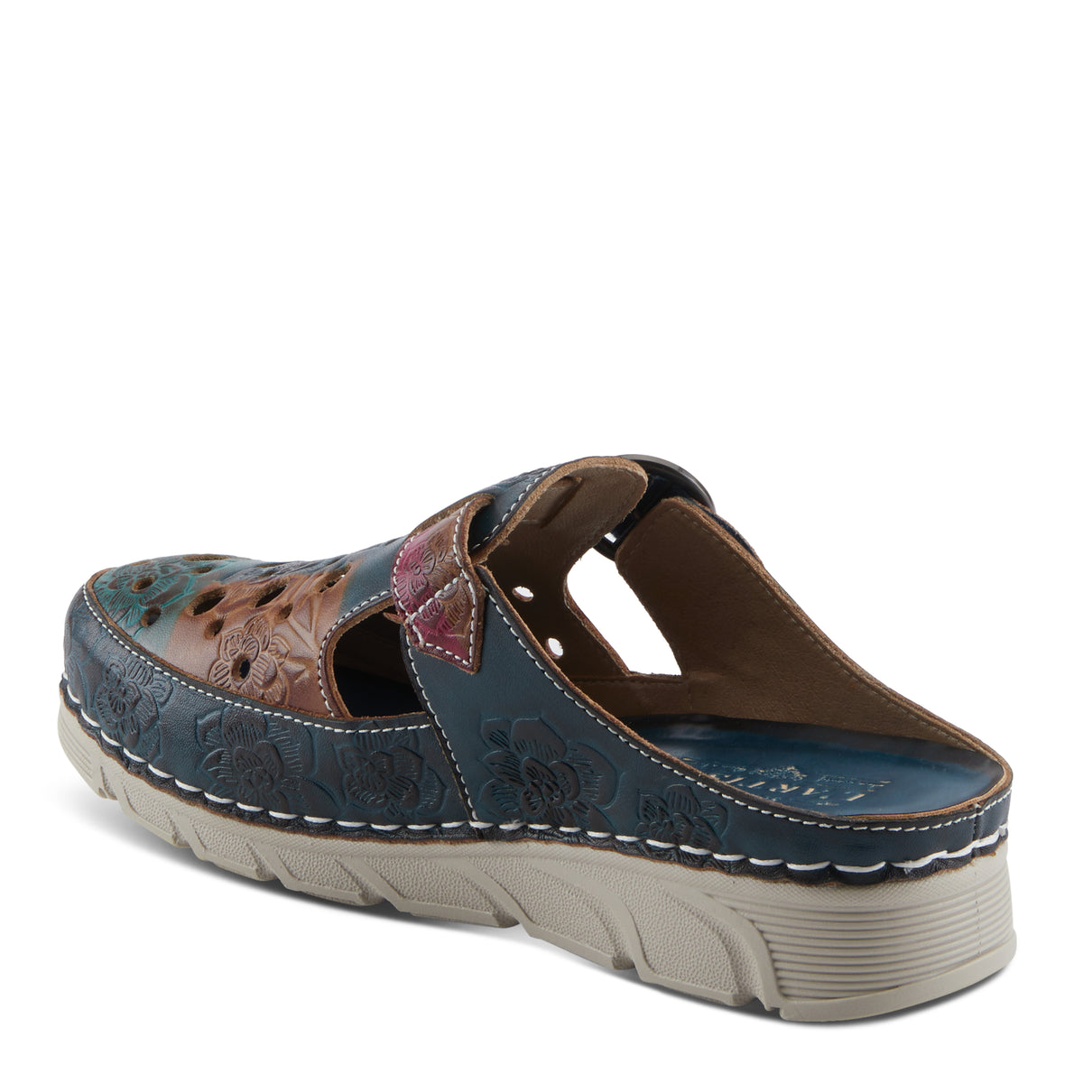 L'Artiste L'ARTISTE SEFTON CLOGS shoe in navy multi with handcrafted leather design