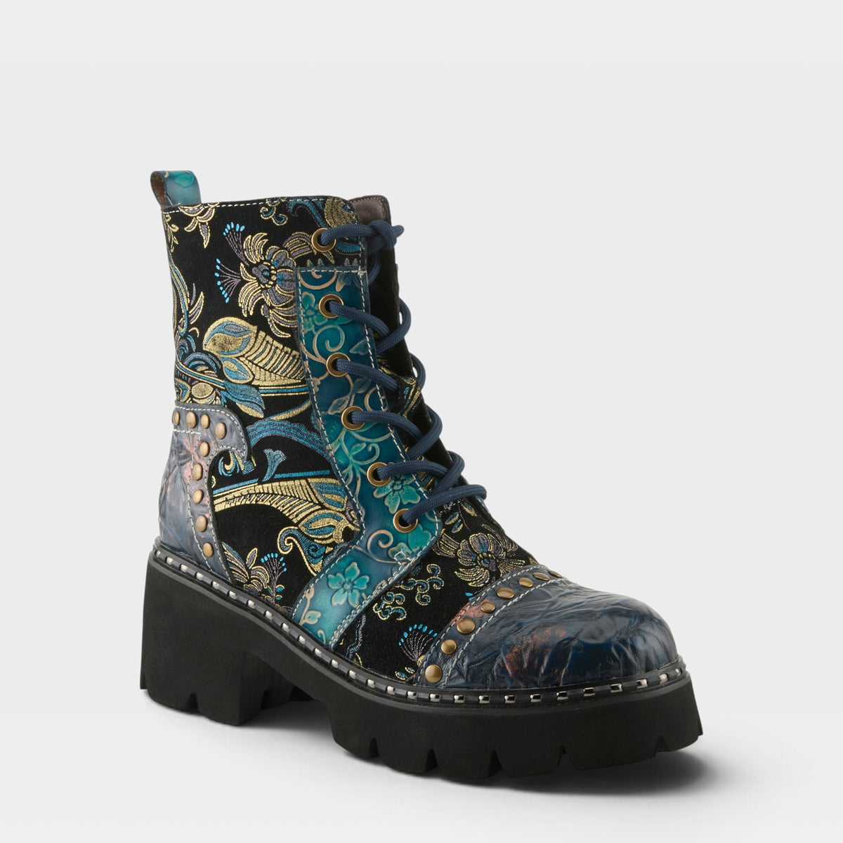 L'Artiste Severity Boots in Blue Multi, front view