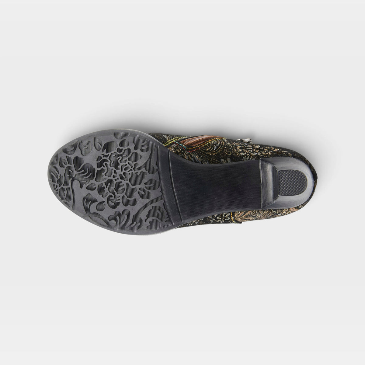 L'Artiste Smokinhot heeled booties in Bronze Multi, outsole view