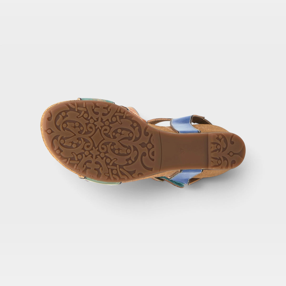 L'Artiste Tanja ankle strap sandal in Mint Green Multi, outsole view