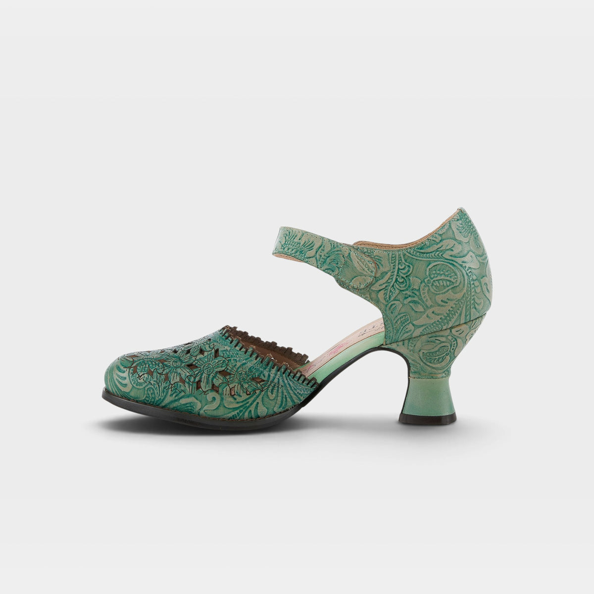 L'Artiste Visionary Green women's hand-painted leather ankle strap shoe - side view