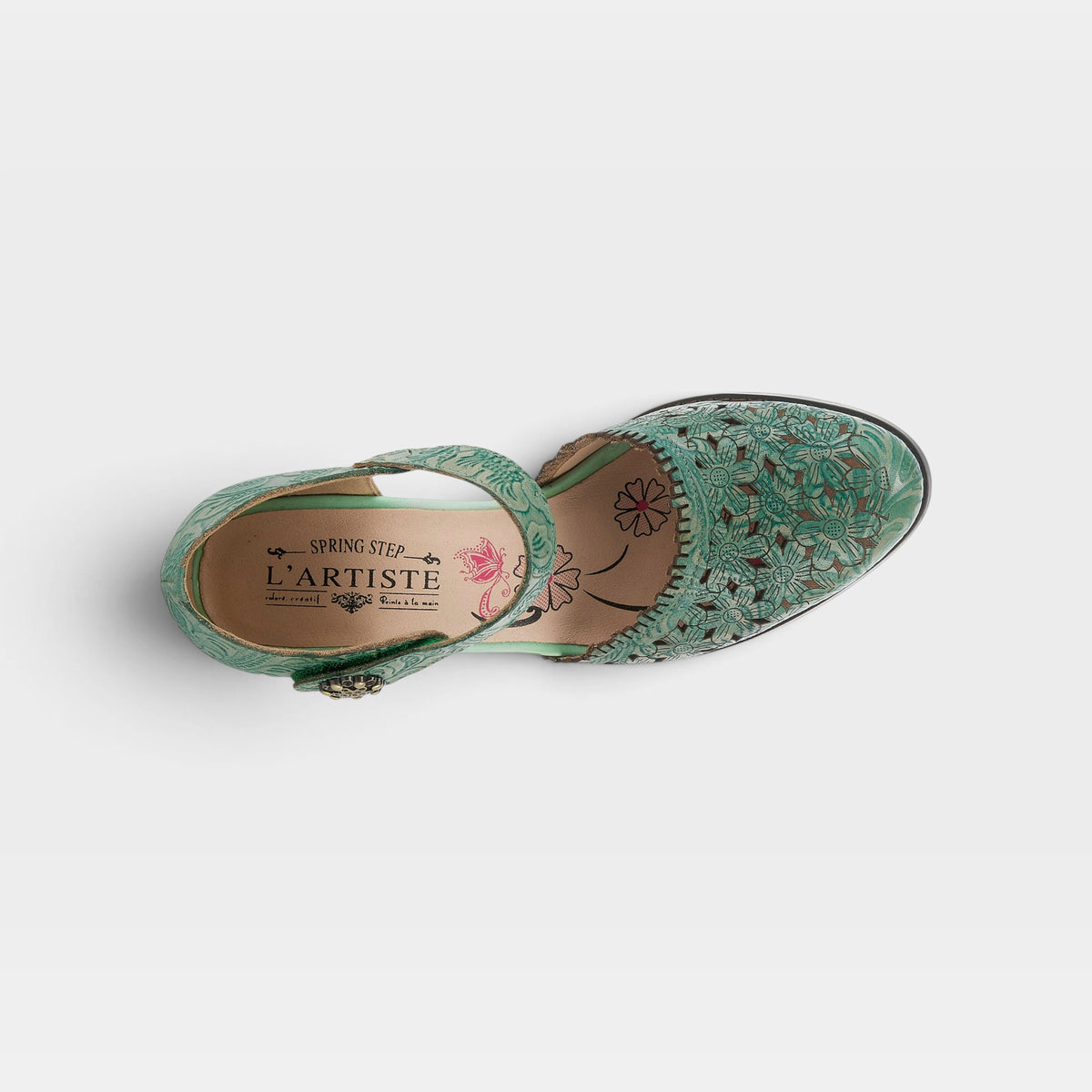 L'Artiste Visionary Green women's hand-painted leather ankle strap shoe - top view
