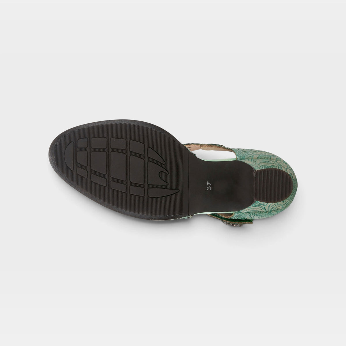 L'Artiste Visionary Green women's hand-painted leather ankle strap shoe - outsole view