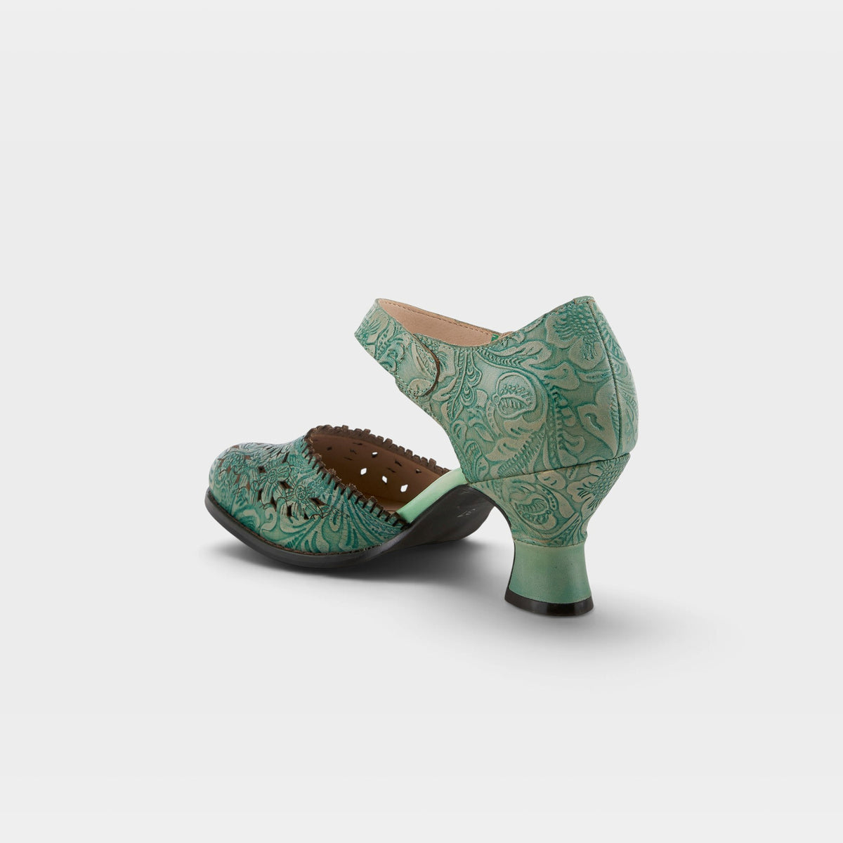 L'Artiste Visionary Green women's hand-painted leather ankle strap shoe - alternate angle