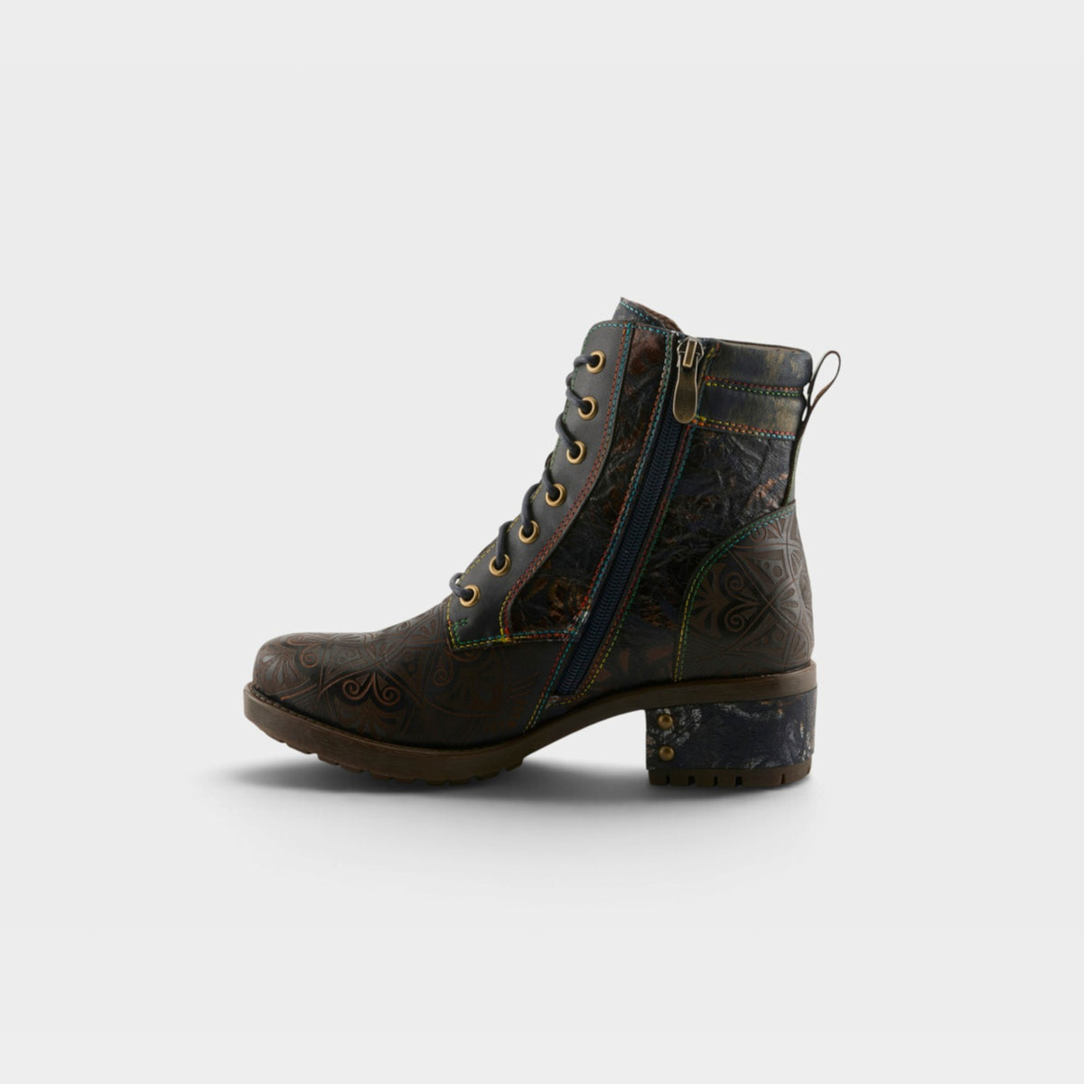 L'Artiste Whitefish boots in Navy Multi, side view