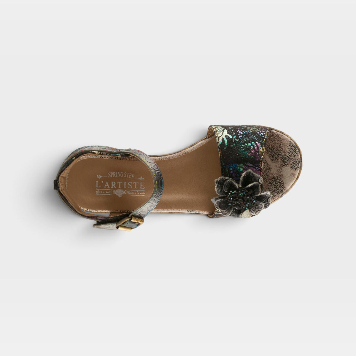 L'Artiste Wildcat sandals in Black Multi, top view
