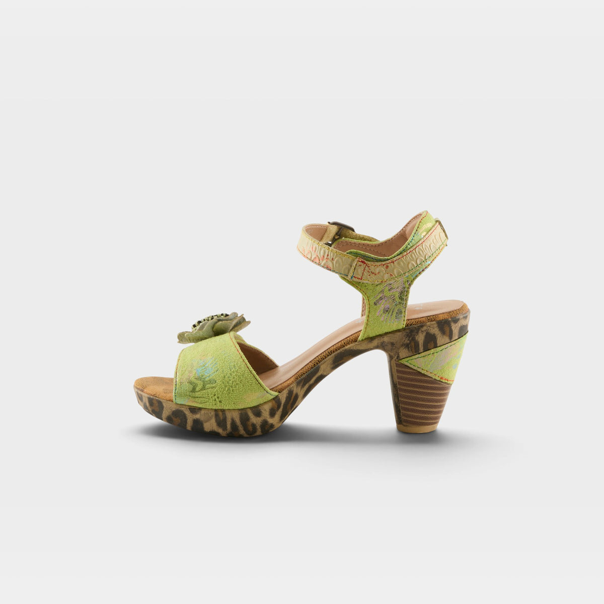 L'Artiste Wildcat sandals in Lime Green Multi, side view
