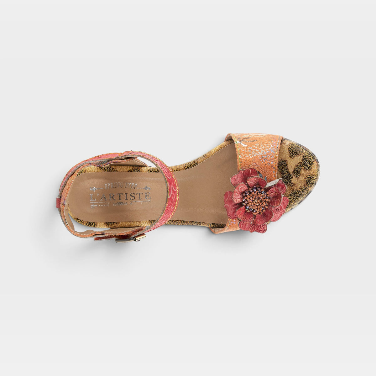 L'Artiste Wildcat sandals in Peach Multi, top view