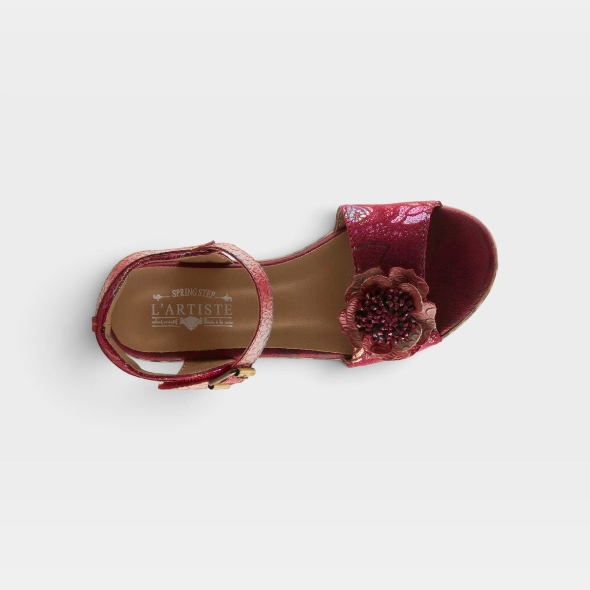 L'Artiste Wildcat sandals in Red Multi, top view