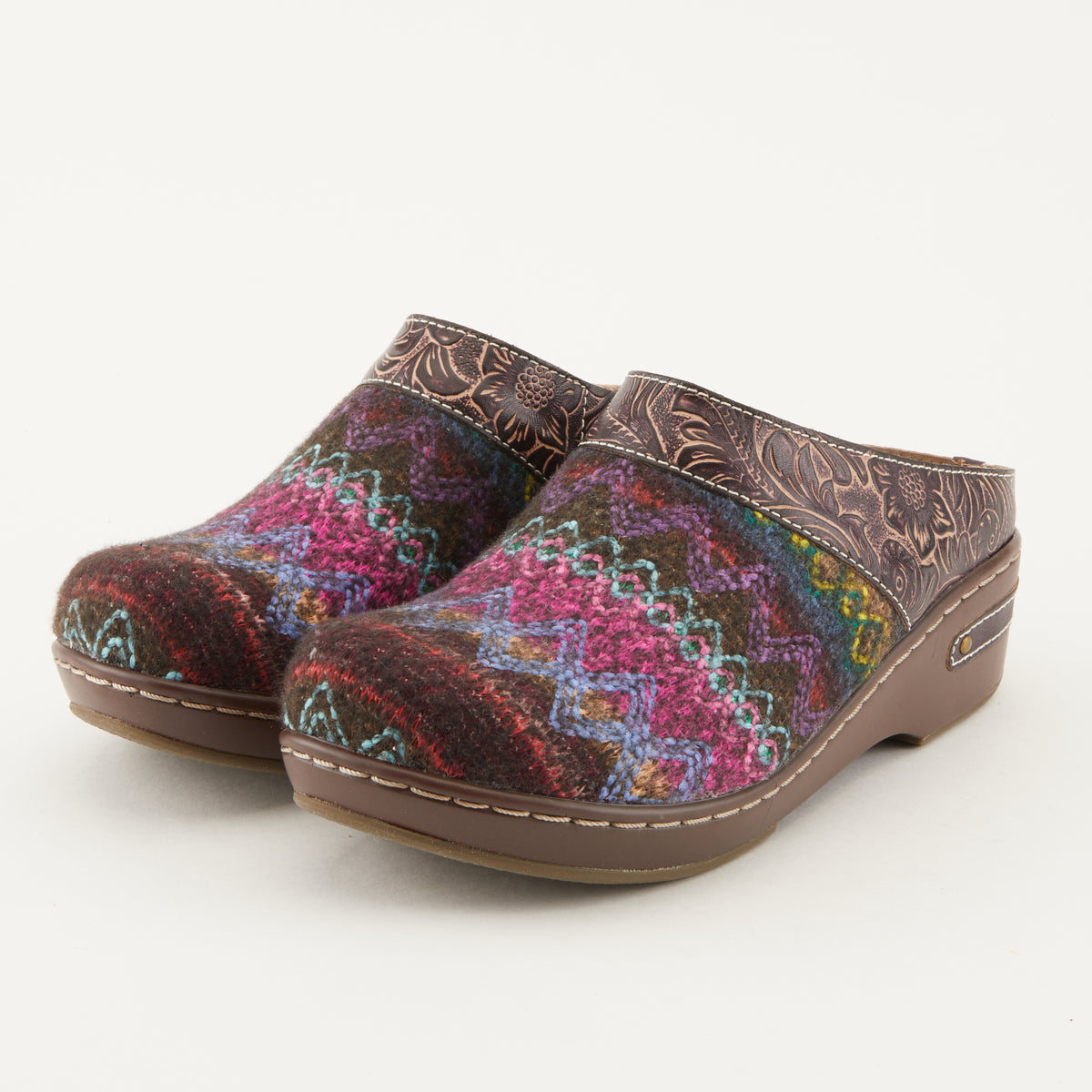 L'Artiste L'ARTISTE ZIGINO CLOGS shoe in purple multi with handcrafted leather design