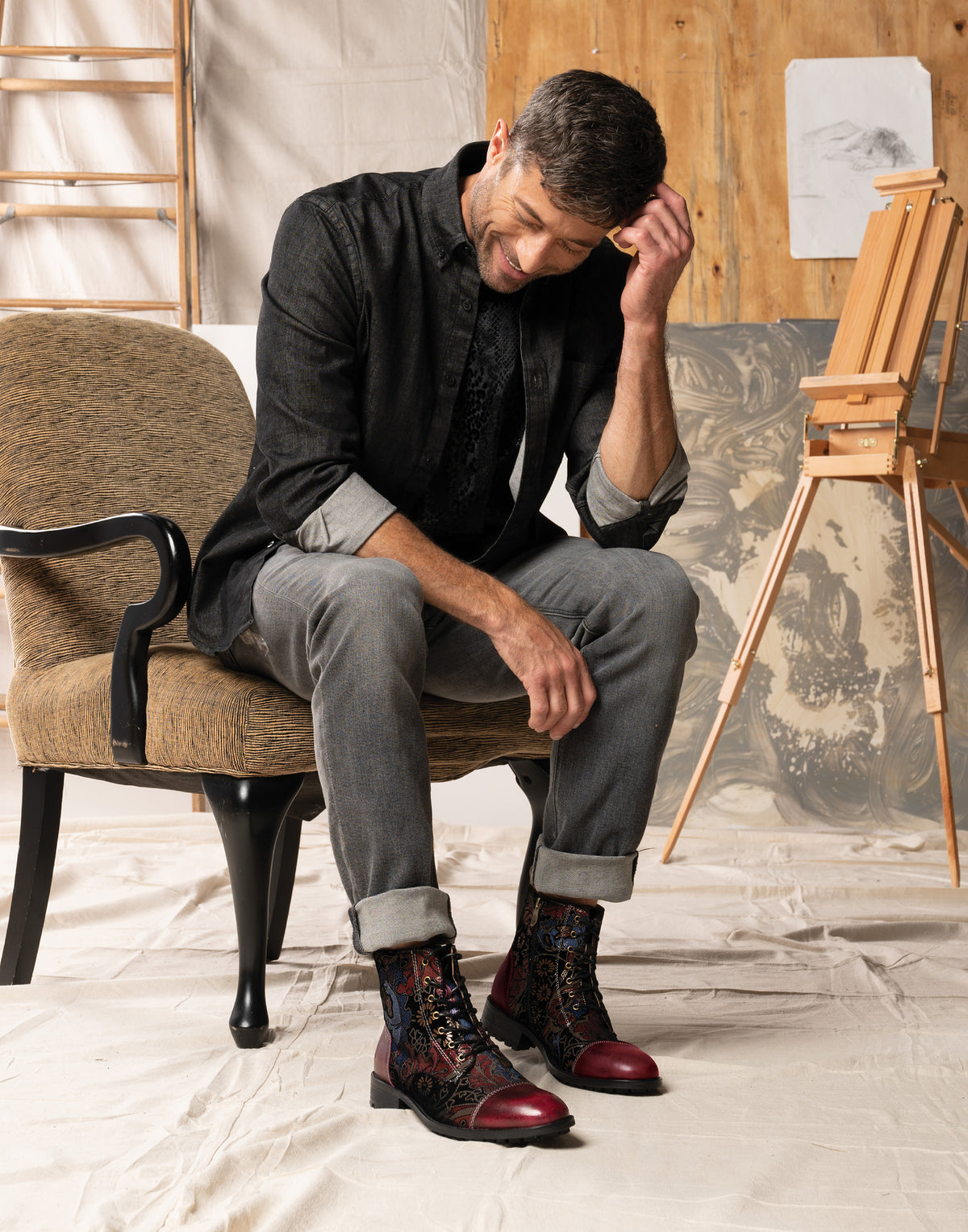 L'Artiste L'ARTISTE MEN ELTON BOOTIE boot in grey multi with handcrafted leather design