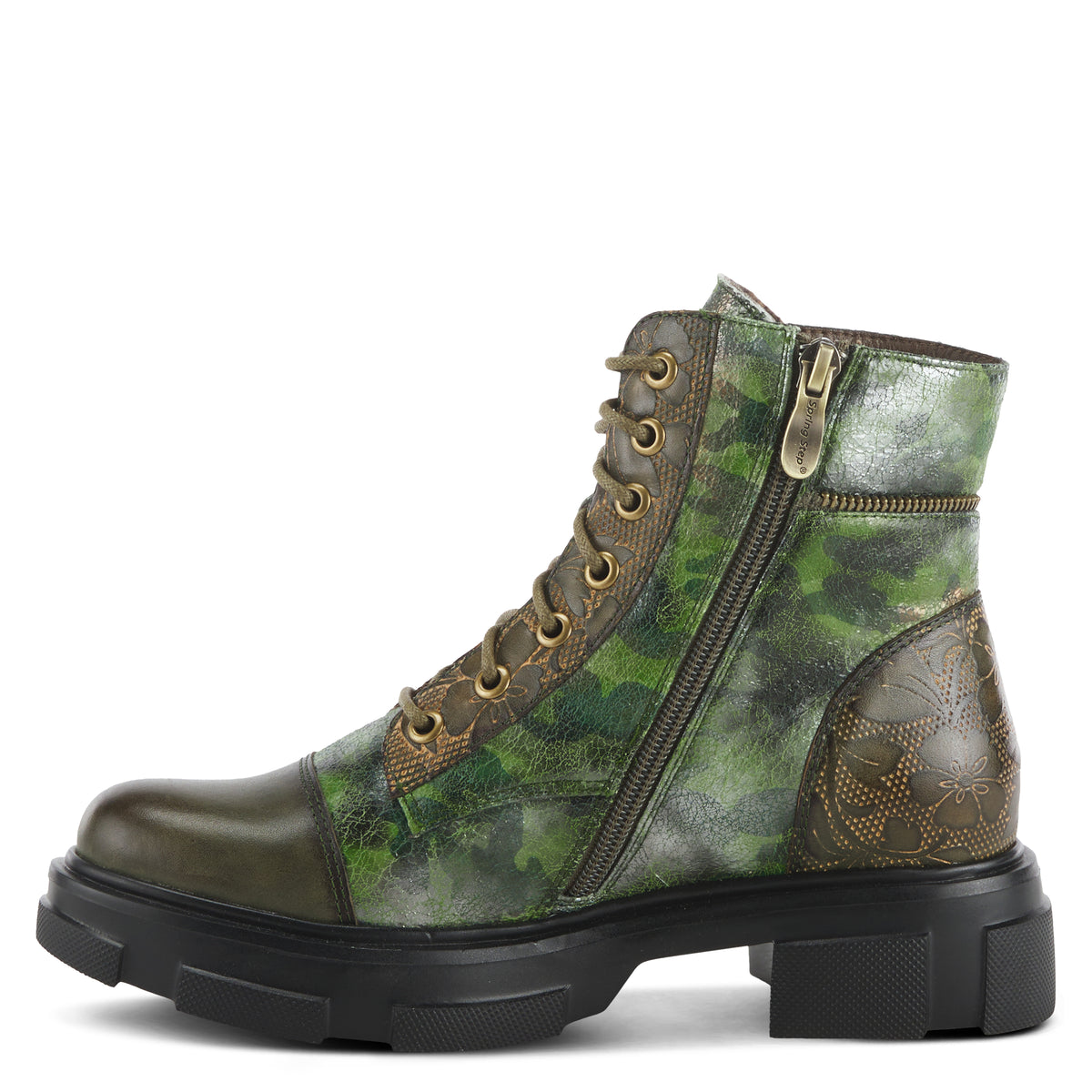 L'Artiste L'ARTISTE CARNELIAN BOOTIE boot in olive multi with handcrafted leather design