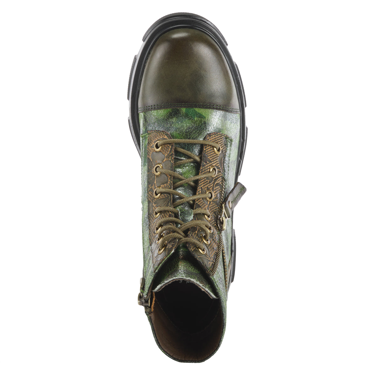 L'Artiste L'ARTISTE CARNELIAN BOOTIE boot in olive multi with handcrafted leather design