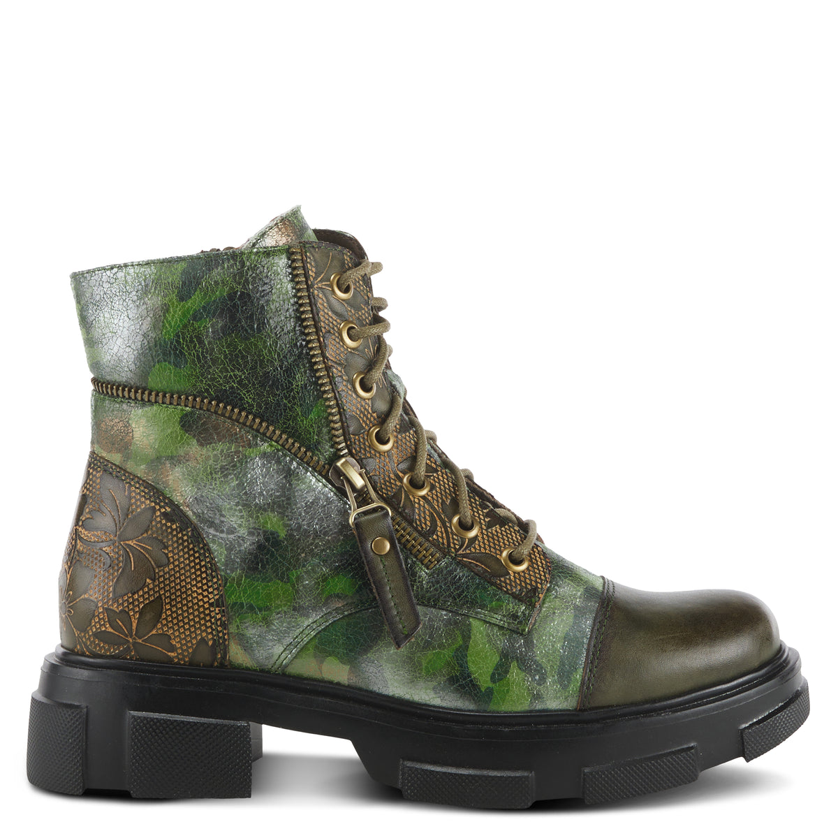 L'Artiste L'ARTISTE CARNELIAN BOOTIE boot in olive multi with handcrafted leather design