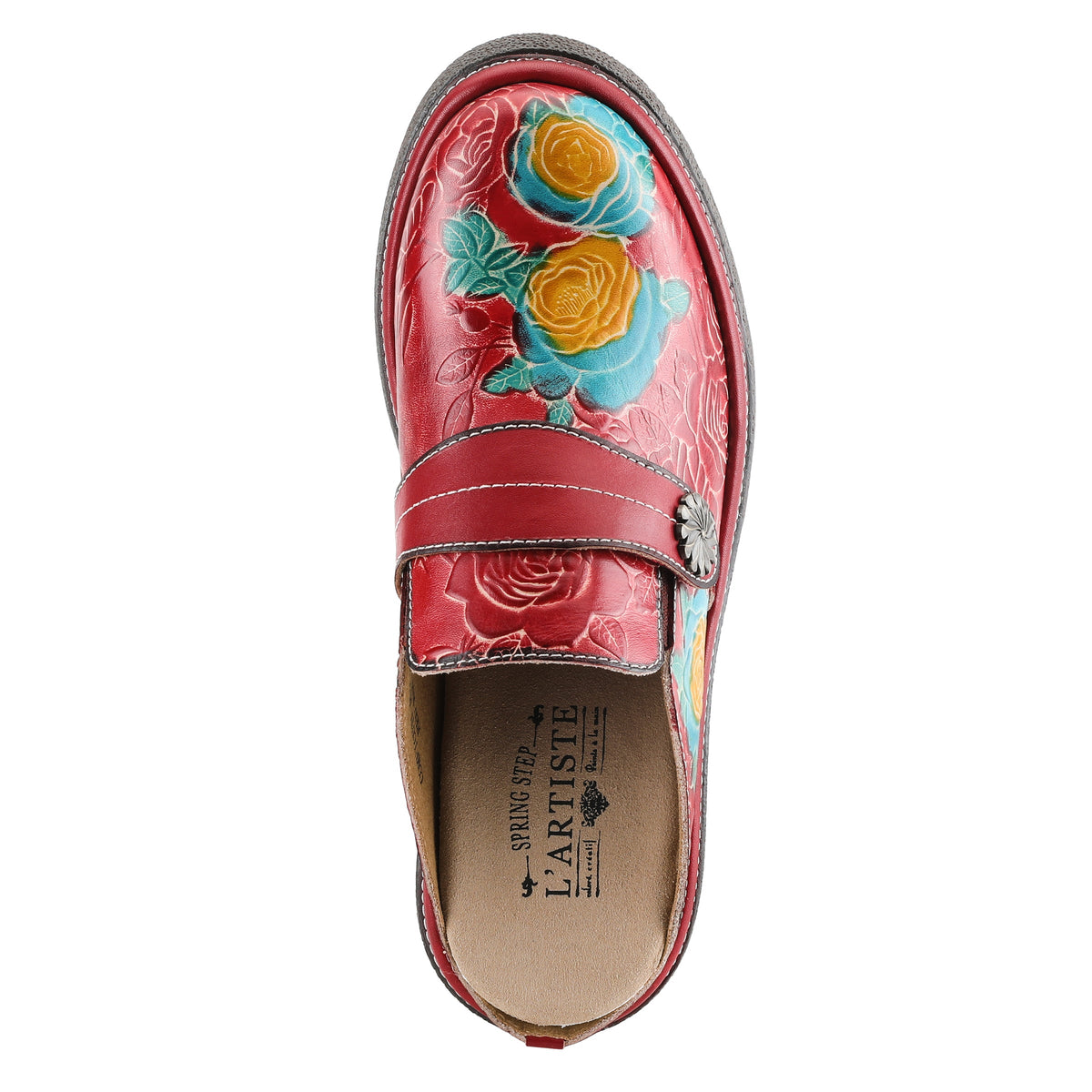 L'Artiste L'ARTISTE COMFICUTE MULES shoe in red multi with handcrafted leather design