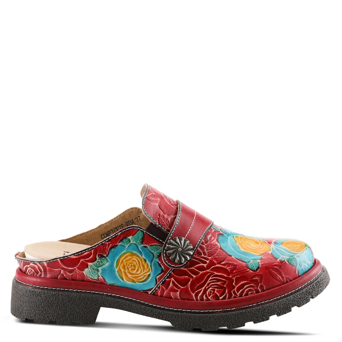 L'Artiste L'ARTISTE COMFICUTE MULES shoe in red multi with handcrafted leather design