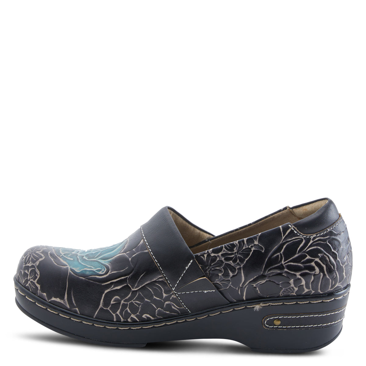 L'Artiste L`ARTISTE ELKAYJAY SLIP-ON CLOGS shoe in navy multi with handcrafted leather design