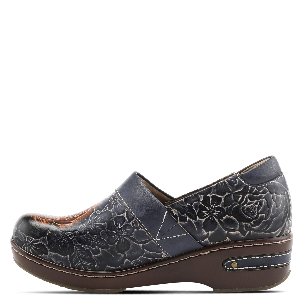 L'Artiste L`ARTISTE ELKAYJAY SLIP-ON CLOGS shoe in navy multi with handcrafted leather design