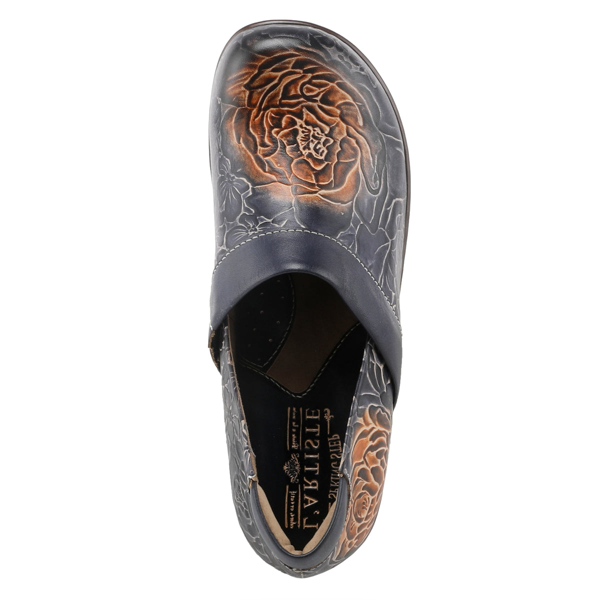 L'Artiste L`ARTISTE ELKAYJAY SLIP-ON CLOGS shoe in navy multi with handcrafted leather design
