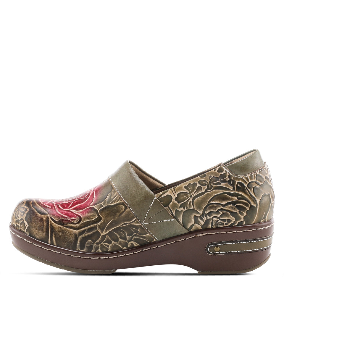L'Artiste L`ARTISTE ELKAYJAY SLIP-ON CLOGS shoe in olive multi with handcrafted leather design