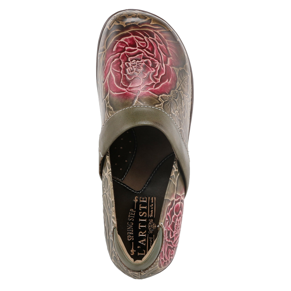 L'Artiste L`ARTISTE ELKAYJAY SLIP-ON CLOGS shoe in olive multi with handcrafted leather design
