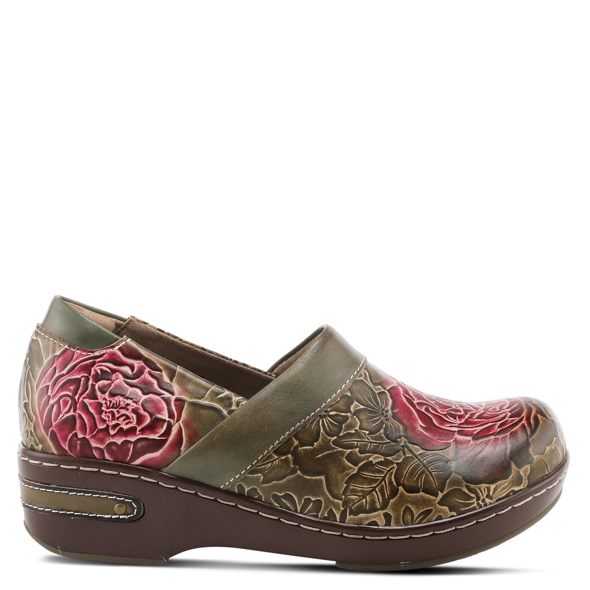 L'Artiste L`ARTISTE ELKAYJAY SLIP-ON CLOGS shoe in olive multi with handcrafted leather design