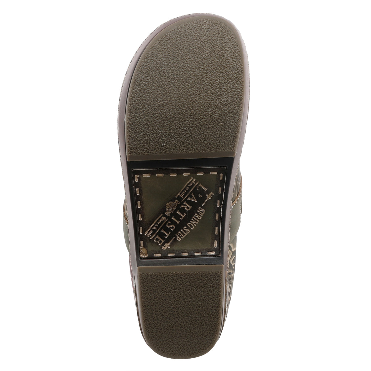 L'Artiste L`ARTISTE ELKAYJAY SLIP-ON CLOGS shoe in olive multi with handcrafted leather design