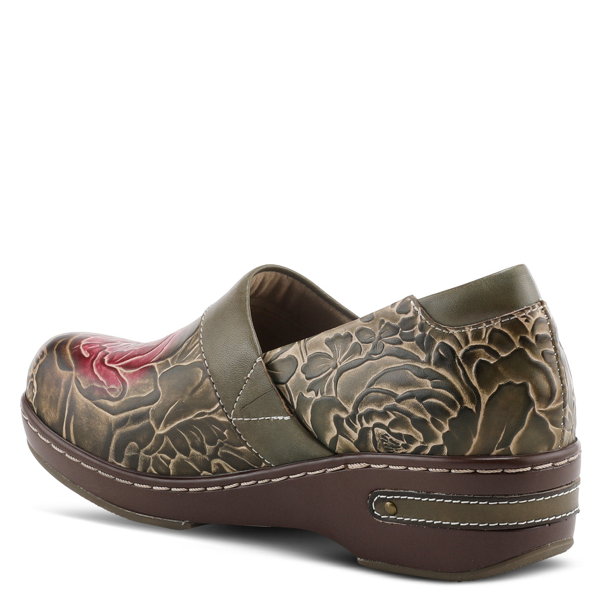 L'Artiste L`ARTISTE ELKAYJAY SLIP-ON CLOGS shoe in olive multi with handcrafted leather design