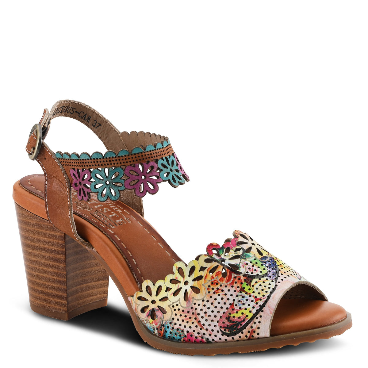 L'Artiste L'ARTISTE FLORADACIOUS ANKLE STRAP SANDAL sandal in black multi with handcrafted leather design