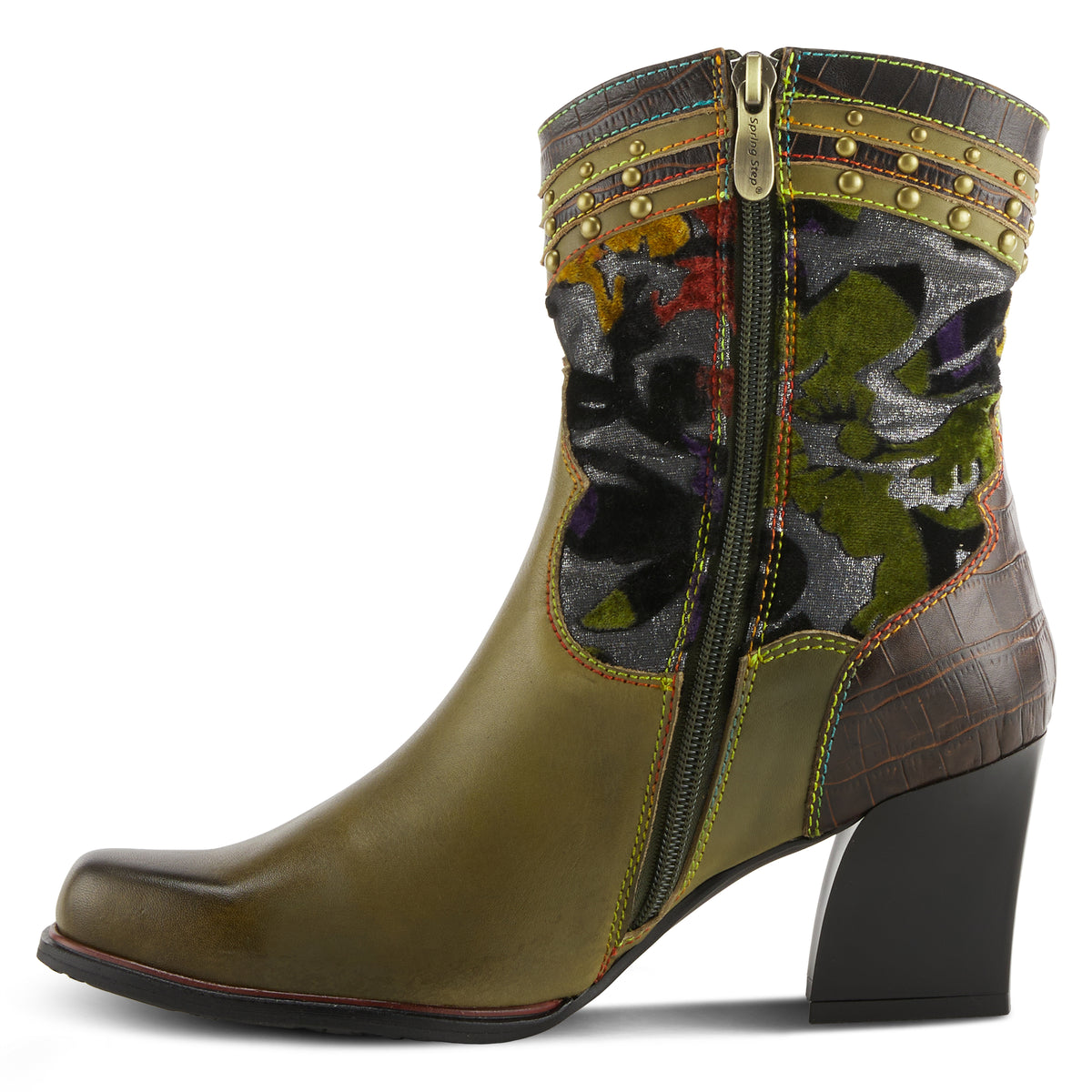 L'Artiste L'ARTISTE HAPPYTIME WESTERN BOOTIE boot in olive multi with handcrafted leather design