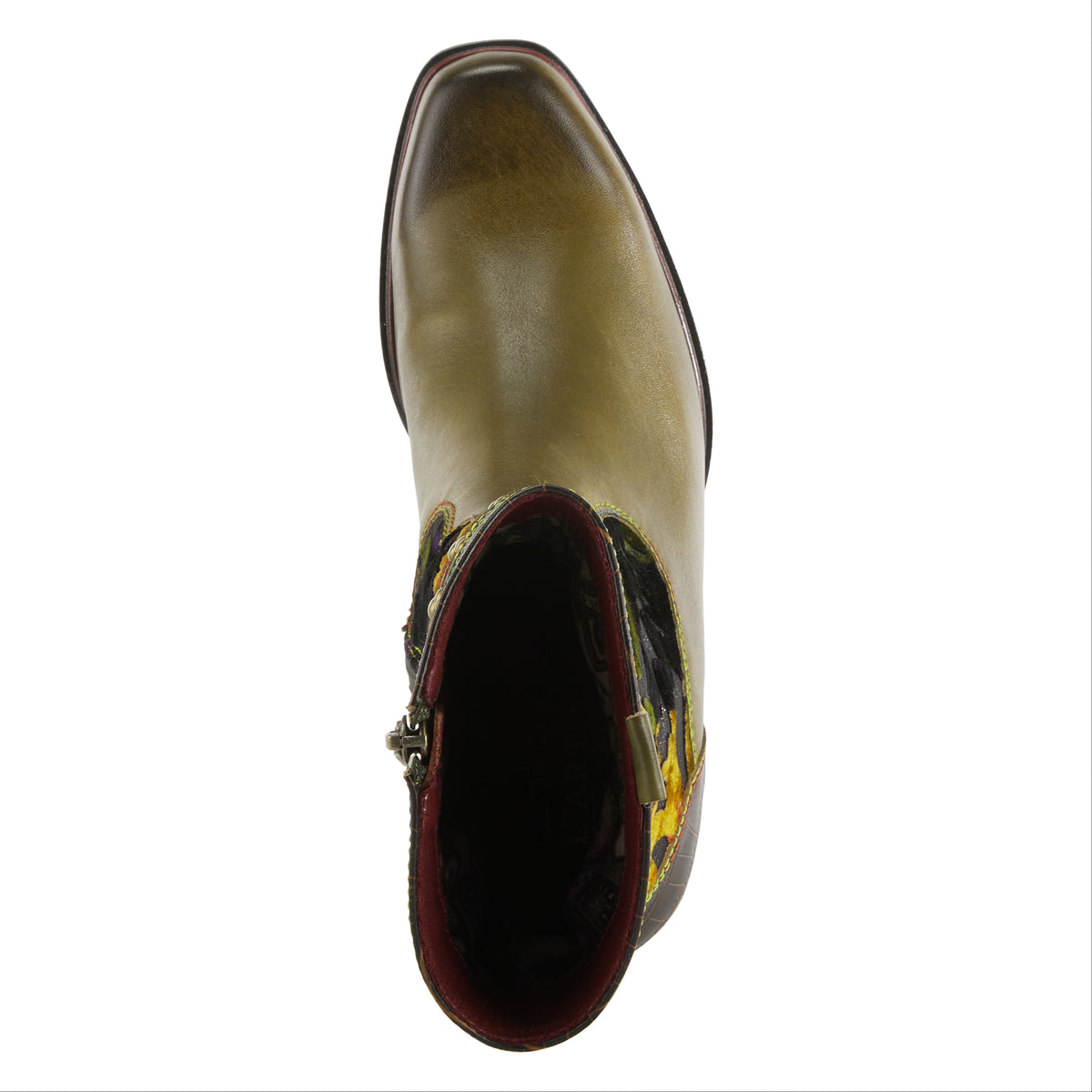 L'Artiste L'ARTISTE HAPPYTIME WESTERN BOOTIE boot in olive multi with handcrafted leather design