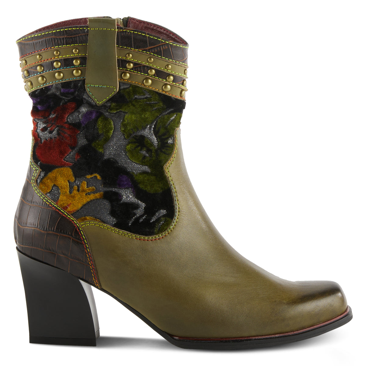 L'Artiste L'ARTISTE HAPPYTIME WESTERN BOOTIE boot in olive multi with handcrafted leather design