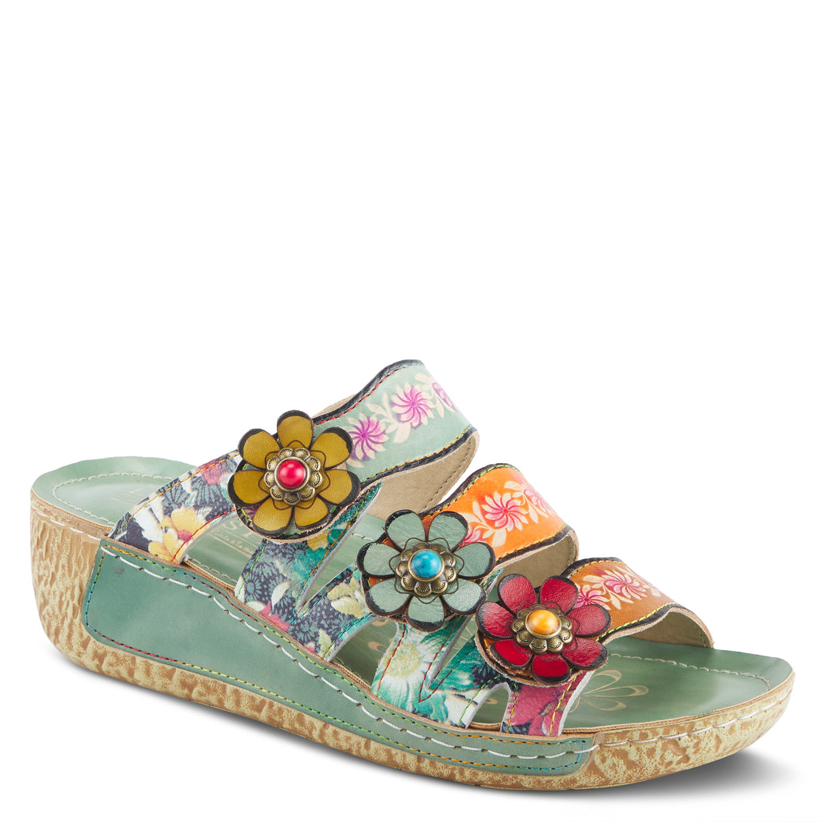 L'Artiste L'ARTISTE ROSAMARIA SLIDE SANDALS sandal in mint green multi with handcrafted leather design